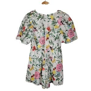 A Peach floral romper women szL zip back puff sleeves lace trim v neck 100% poly